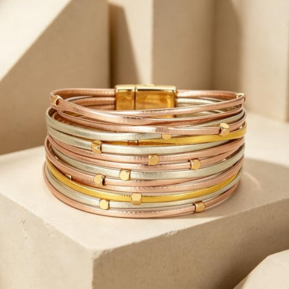 hotoo Leather Wrap Bracelet for Women - color: Multi-Strand (Mixed Gold)