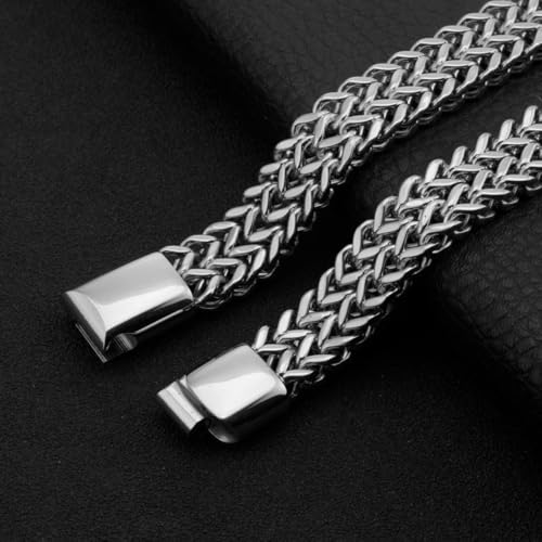 Stainless Steel Double Row Braided Cuban Chain Bracelet Men Jewelry | Bracelet Double Row Square Chain Men's Hip Hop Fashion Party Gold and Silver Chain - Gift for Husband, Son, Father - color: silvery, size: 21cm