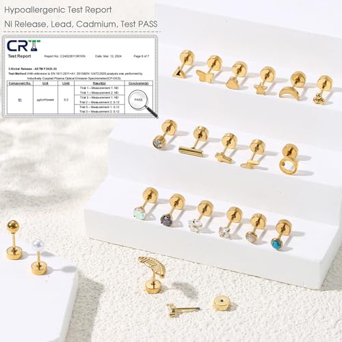 Jstyle 21Pairs Hypoallergenic Flat Back Stud Earrings for Women, Tiny Studs | Surgical Stainless Steel Flatback Earrings, CZ Butterfly Heart Small Stud Earrings Set, Screw Back Cartilage Piercing Jewelry - color: 14K Gold Plated - CZ