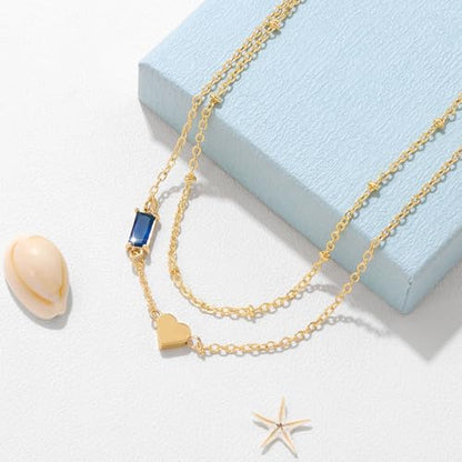 Birthstone Anklet with Heart Charm Layer Ankle Bracelet for Women, 14K Gold Plated Adjustable Chain Stackable Trendy Jewelry Gift for Her, Mom, Friend, Wife - style: 9-September