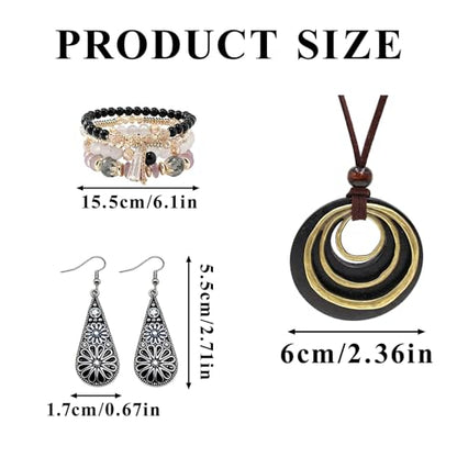 Western Jewelry Sets for Women Boho Jewelry, Layer Bohemian Necklace Earrings Bracelet, Cowgirl Accessory Rodeo Summer Beach - color: Black