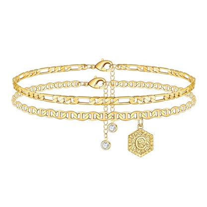 Memorjew Ankle Bracelets for Women, 14K-Gold-Plated Initial A-Z Anklet | Figaro Chain Layered 14K-Gold-Plated Hexagon Letter Anklets for Women, Summer Foot Chain Jewelry Gifts, Ankle Bracelets Gifts - style: C-Gold-Plated