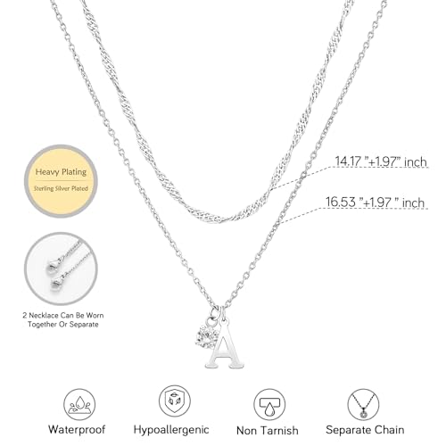 Sterling Silver Initial Necklaces for Women Girls Dainty Letter Necklace Stack Non Tarnish Silver Layered Necklaces Simple Chain CZ Diamond Pendant Necklaces Stacked A-Z Name Personalized Trendy Jewelry Gift - style: A.