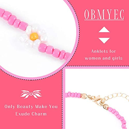 Beaded Chain Ankle Bracelets for Women Waterproof Sunflower Anklets Beachy Vacation Foot Jewelry Gifts - color: Pink