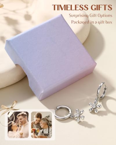 FIBO STEEL 14K Gold Plated Hoop Earrings with Charms for Women Huggie Hoops | Hypoallergenic 925 Sterling Silver Post Dangle Earrings Small Silver Gold Hoops Earring Cubic Zirconia Dangle Drop Jewelry - color: CZ Flower - Silver Plated