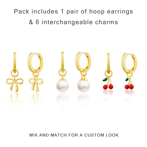 Freekiss Gold Huggie Earrings with 3 Charms for Women | 14K gold-plated huggie hoops with cherry, bow, and pearl charms for interchangeable daily styling, parties, and gifts - color: Pearl Cherry Bow-GD