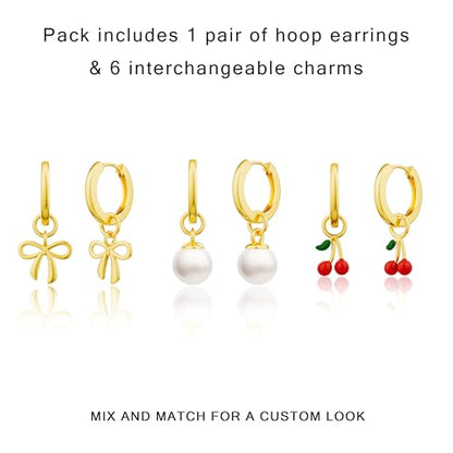 Freekiss Gold Huggie Earrings with 3 Charms for Women | 14K gold-plated huggie hoops with cherry, bow, and pearl charms for interchangeable daily styling, parties, and gifts - color: Pearl Cherry Bow-GD