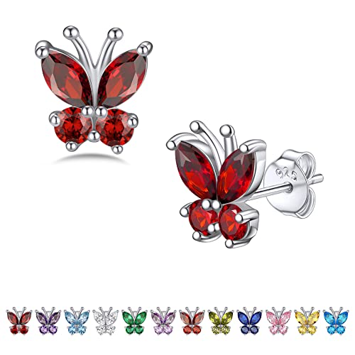 Bestyle Gold Butterfly Earrings for Women, Dainty Cute Birthstone Studs Hypoallergenic Jewelry, Great Birthday Gift - style: 01.January (Garnet)-STUD