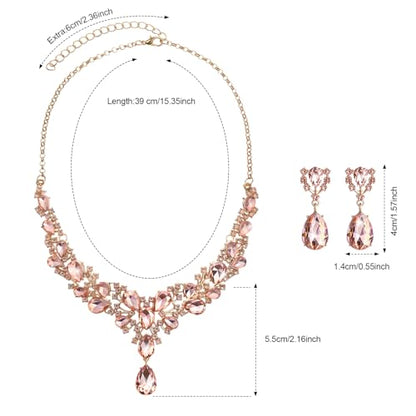 Hicarer Bridal Teardrop Cluster Crystal Jewelry Set for Women Necklace Earrings Wedding - color: Light Peach