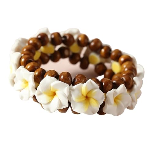Hawaiian Plumeria Rubra Wooden Beaded Bracelet for Women Boho Polymer Clay Plumeria Flower Stretch Bracelet Summer Beach Jewelry - color: White+Yellow