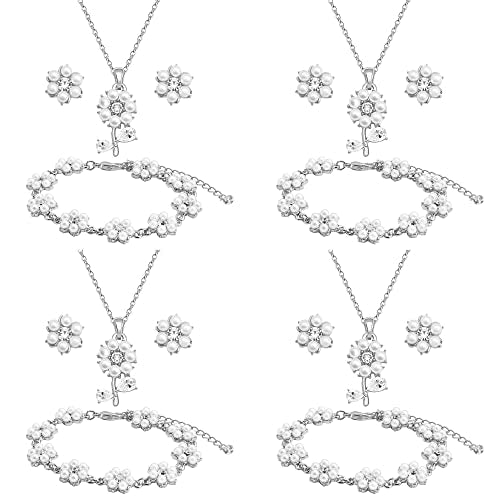 Bridesmaid Jewelry Set for Wedding, 18K Gold or Rose Gold or Silver Plated Flower Pendant with Simulate Pearl Necklace Earring Bracelet Set for Women Gift - color: SILVER - 4 SETS