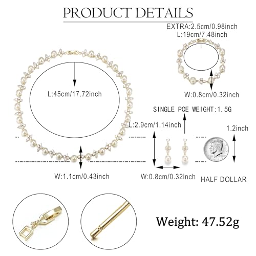 EVER FAITH Cubic Zirconia Pearl Leaf Bridal Jewelry Set for Bride Women - color: Floral_Gold-Plated-Brass