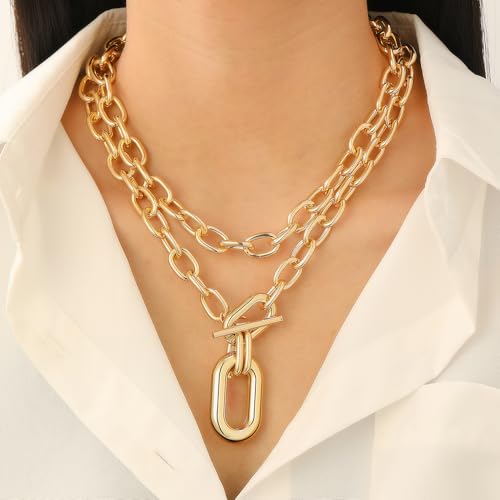 Gold Layered Chunky Chain Necklace for Women, Double Chain Paperclip Pendant Statement Choker, Trendy Minimalist Fashion Jewelry