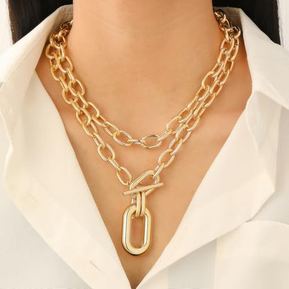 Gold Layered Chunky Chain Necklace for Women, Double Chain Paperclip Pendant Statement Choker, Trendy Minimalist Fashion Jewelry