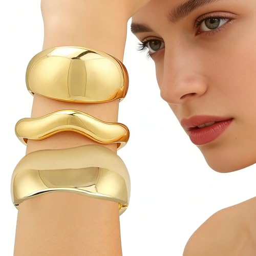 Chunky Gold Bangle Bracelets for Women, 14K Gold Plated Wide Cuff Bracelet | Stackable Open Cuff Bangles, Trendy Statement Jewelry Gift for Women - color: Gold-13