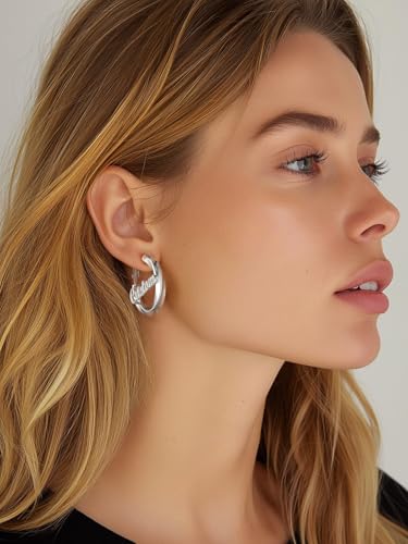FindChic Twisted Hoop Earrings for Women, Silver/Black/14K Gold Plated Hypoallergenic Hollow Tube Rounded Loop Earrings, 30mm/40mm/60mm/80mm Hoops with Custom Name Options and Gift Box - color: e.Silver (Custom Name), size: 30MM