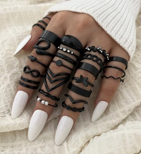 iF YOU 25 Pcs Gold Stackable Ring Set for Women, Chunky Knuckle Finger Midi Rings, Silver Simple Stacking Cute Rings Pack Trendy Stuff Jewelry Gift - style: 25 Black chunky rings