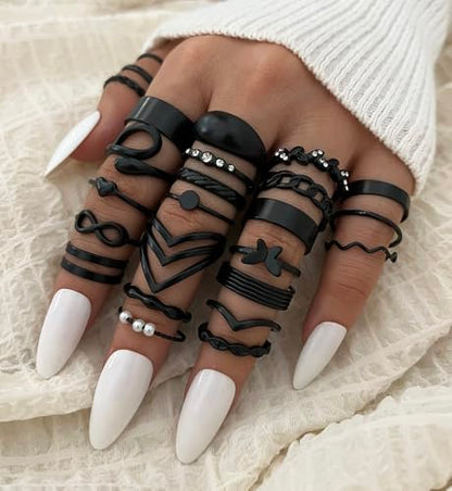 iF YOU 25 Pcs Gold Stackable Ring Set for Women, Chunky Knuckle Finger Midi Rings, Silver Simple Stacking Cute Rings Pack Trendy Stuff Jewelry Gift - style: 25 Black chunky rings
