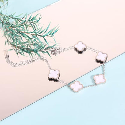 Delicacy Clover Bracelets Necklace Set:Clover Necklaces Clover Bracelet Women Link Bracelets Cute Gold Jewelry - color: Silver-White