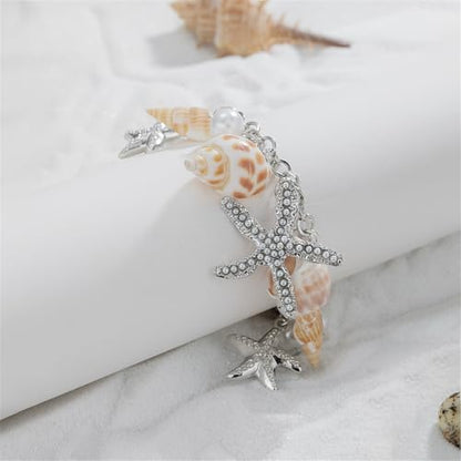 Spiritrain Handmade Starfish Seashell Pearl Bracelets for Women Gold Plated Bohemian Charm Sea Shell Couch Beads Adjustable Chain Anklet Bracelets Hawaiian Beach Holiday Mermaid Costume Jewelry Gifts - color: Silver
