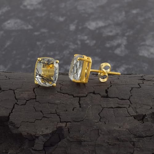 Women's 18K Gold Plated 8x10mm Princess Cut Gemstone Stud Earrings – Birthstone Jewelry for Her – Classic Cushion Studs - color: Black Rutile