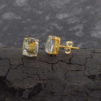 Women's 18K Gold Plated 8x10mm Princess Cut Gemstone Stud Earrings – Birthstone Jewelry for Her – Classic Cushion Studs - color: Black Rutile