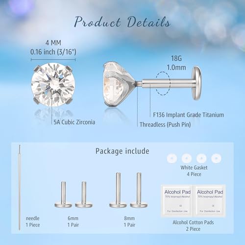limerencia G23 Hypoallergenic 18g Flat Back Stud Earrings | F136 Implant Grade Titanium Pressfit Threadless Push Pop in Cartilage Helix Labret Lip Monroe Tragus Flat Back Piercing Studs - color: 4mm White CZ Silver