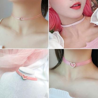 Nova&Aria Chokers Set For Women Heart Choker Necklaces Flower Pendant Velvet Cute Pink Turquoise Blue White Black Choker Necklace Christmas Colorful Lace Chokers - color: Pink-B