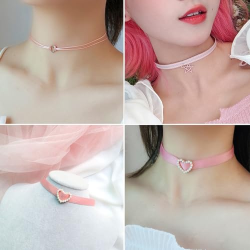Nova&Aria Chokers Set For Women Heart Choker Necklaces Flower Pendant Velvet Cute Pink Turquoise Blue White Black Choker Necklace Christmas Colorful Lace Chokers - color: Pink-B
