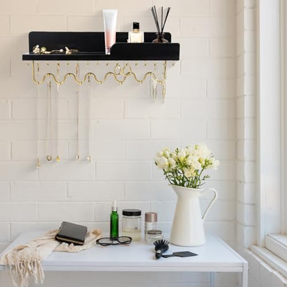 Hanging Jewelry Organizer with 29 Hooks and Cosmetics Shelf, Modern Wood Wall Mounted Jewelry Holder for Necklaces, Bracelets, Earrings and Rings, Black - color: Black