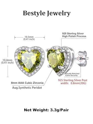 Bestyle Authentic 925 Sterling Silver 2 Carat Birthstone Earrings for Women, More Sparkle Heart/Round Solitaire Diamond Studs Earrings, Great Birthday/Christmas/Anniversary Jewelry for Wife Mother - color: 08. Aug.Peridot-Heart