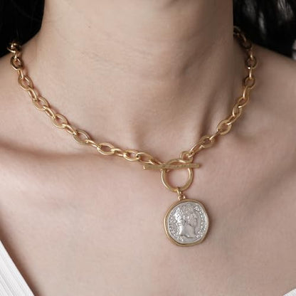 MISS SECRET Chunky Gold Necklaces for Women Coin Statement Necklace Antique Silver and Gold Chain Thick Toggle Pendant Trendy Fashion Jewelry - style: Worn Gold & Sliver-M