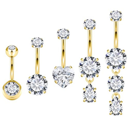 Vsnnsns 14G Dangle Belly Button Ring Piercing Jewelry 316L Stainless Surgical Steel Round Heart Cubic Zirconia Navel Rings Dangling Belly Button Ring Piercing Jewelry for Women 14 Gauge Hypoallergenic - color: Gold-10MM Bar-Clear CZ