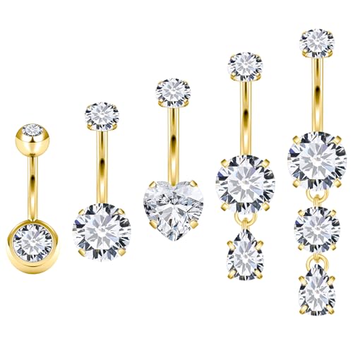 Vsnnsns 14G Dangle Belly Button Ring Piercing Jewelry 316L Stainless Surgical Steel Round Heart Cubic Zirconia Navel Rings Dangling Belly Button Ring Piercing Jewelry for Women 14 Gauge Hypoallergenic - color: Gold-16MM Bar-Clear CZ