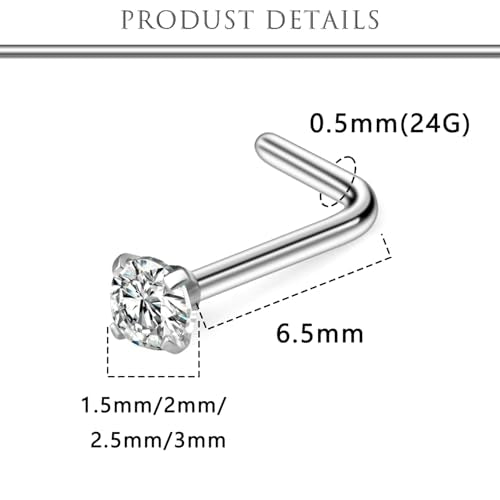 Hoeudjo Hypoallergenic Nose Rings Studs 24G Surgical Stainless Steel Cubic Zirconia Nose Studs for Women Men Screw & Bone & L Shaped Nostril Piercing Jewelry with 1.5mm 2mm 2.5mm 3mm CZ - color: silvertone,L-shaped nose studs