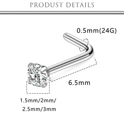Hoeudjo Hypoallergenic Nose Rings Studs 24G Surgical Stainless Steel Cubic Zirconia Nose Studs for Women Men Screw & Bone & L Shaped Nostril Piercing Jewelry with 1.5mm 2mm 2.5mm 3mm CZ - color: silvertone,L-shaped nose studs