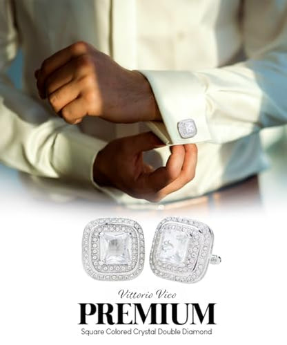 Square Colored Crystal Double Diamond Set Cufflinks - color: Clear/Silver