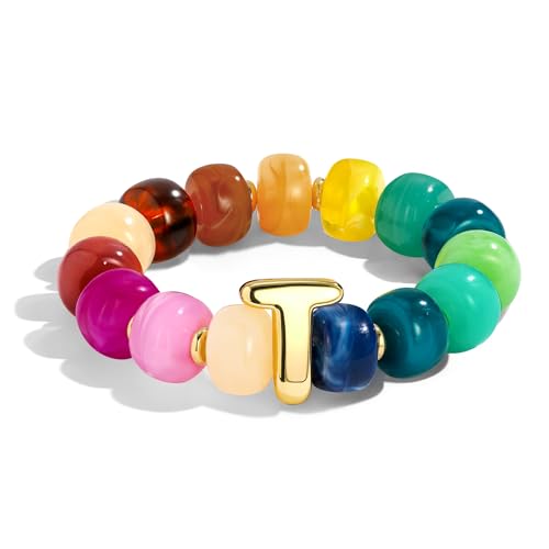 Bubble Initial Chunky Beaded Bracelet for Women Colorful Resin Bead Trendy Statement Big Stretch Bracelets Summer Beach Boho Charm Jewelry Cute Gifts for Women - color: Initial T