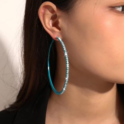80mm Rhinestone Hoop Earrings for Women Sparkly Earrings Cubic Zirconia Circle Earring Exaggerated Prom Earring Large Rhinestones Round Hoop Earrings Silver Prom Jewelry for Party Wedding Birthday - color: Sky Blue