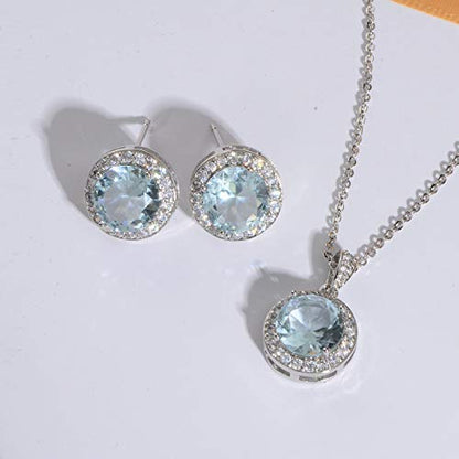 Bridal Crystal Jewelry Set - Sterling Silver Round Cubic Zirconia CZ Rhinestone Halo Birthstone Pendant Necklace Stud Earrings Set for Wedding Bride Bridesmaids Birthday Gift - color: Matine Blue