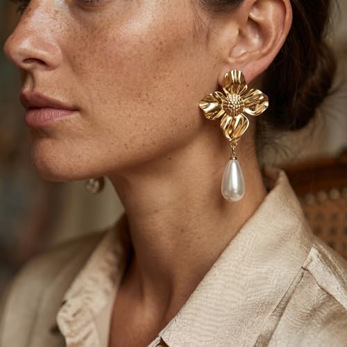 Chunky Gold Plated Flower Statement Drop Earrings for Women | Hypoallergenic 18K Gold Plated Textured Petal Wing, Large Statement Dangle Earrings for Wedding Party - color: Four Petals Pearl