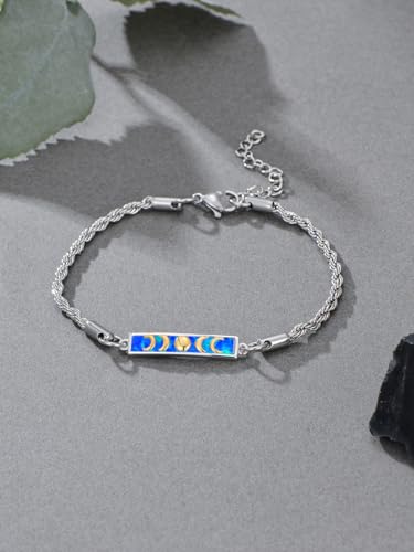 Waves/Tree of Life/Mushrooms/Moon Phase/Butterfly/Hummingbird Bracelet/Anklet 925 Sterling Silver Adjustable Abalone Shell Bar Bracelet/Anklet Summer Jewelry Gifts for Women - color: Moon Phase-Blue Opal, size: Bracele 7"+2"