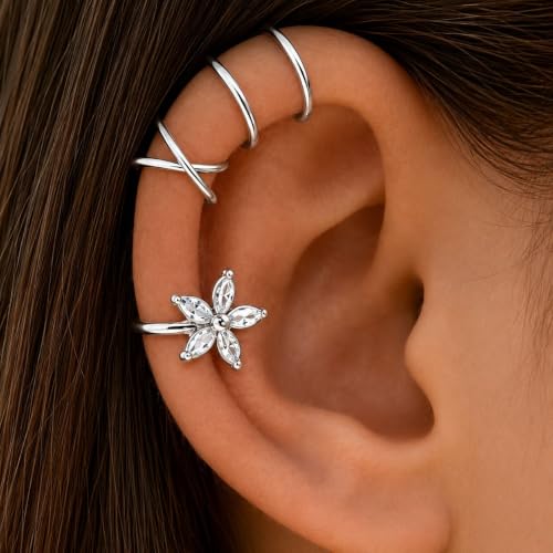 Flower Ear Cuff Set for Women Non Piercing Cartilage Earrings Clip On Wrap Cuffs Stackable Jewelry Gifts - color: B3:silver ear cuff set