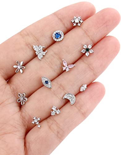 Akeoqi 12Pcs Nose Rings Stud L Shape Nose Rings Cubic Zirconia Butterfly Flower Eye Moon Crown Heart Lightning Shape Nose Studs Piercing Jewelry for Women Men Silver Gold Plated 20G - style: B:Eye