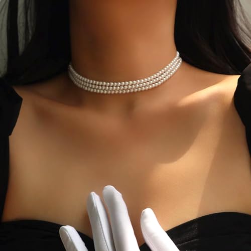 Zeffy Pearl Necklace 4MM/6MM/8MM Dainty Round Imitation Pearl Choker Necklace Wedding Pearl Necklace Delicate Jewelry for Women Simple Bridesmaid Jewelry Gifts - style: 6mm Three-layer Pearl Choker(13.7"+2)
