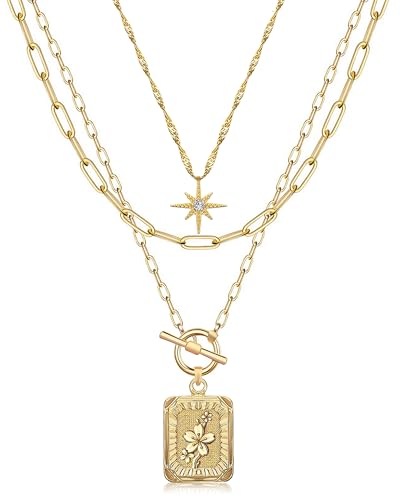 MJartoria Layered Necklaces for Women, 14K Gold Plated Brass | Star Choker, Square Birth Flower, Paperclip Chain, Trendy - color: Gold, style: Z03-Sakura
