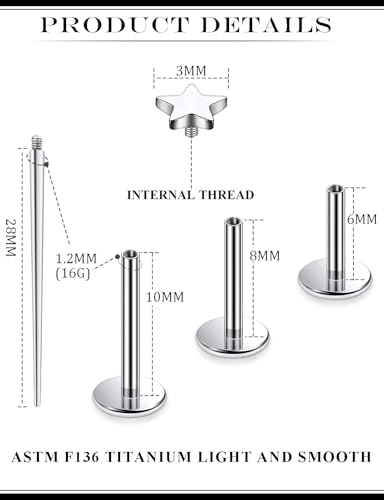 16G Astm F136 Titanium Internal Thread Flat Back Earrings Nose Studs Tragus Forward Helix Conch Cartilage Lobe Earrings Stud Medusa Labret Monroe Lip Ring Piercing Jewelry For Women Men - size: 16G--Style H