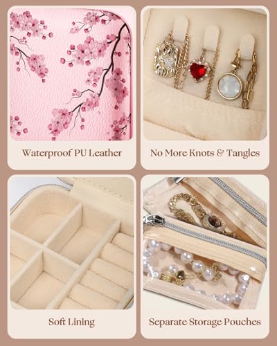 Bistup Travel Jewelry Case - Small Jewelry Organizers and Storage Box for Women Girls Teens Cute Traveling Jewelry Holder with Mirror Little Tiny Compact Modern Unique Aesthetic Pretty, Peach Blossom - style: Peach Blossom