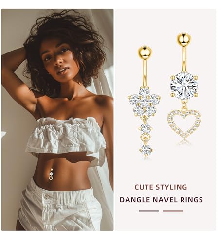 Leocuci Surgical Stainless Steel Dangle Belly Button Rings for Women Belly Ring Dangling Piercing Jewelry with Heart Flower Butterfly14G - color: gold
