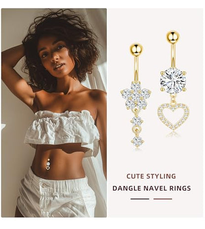 Leocuci Surgical Stainless Steel Dangle Belly Button Rings for Women Belly Ring Dangling Piercing Jewelry with Heart Flower Butterfly14G - color: gold